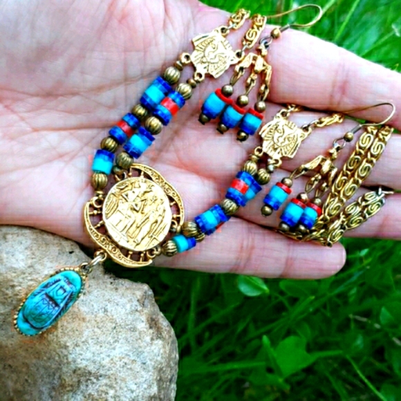 Vtg Egyptian Revival Pharoah Phoenix Necklace Set - Picture 3 of 13